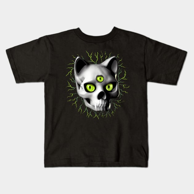 Cat Skull Three Eyes Creepy Surreal Horror Portrait Kids T-Shirt by BluedarkArt